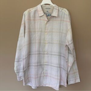 Tommy Bahama Relax 100% Linen Long Sleeve Button Shirt Men XL White Plaid Beach